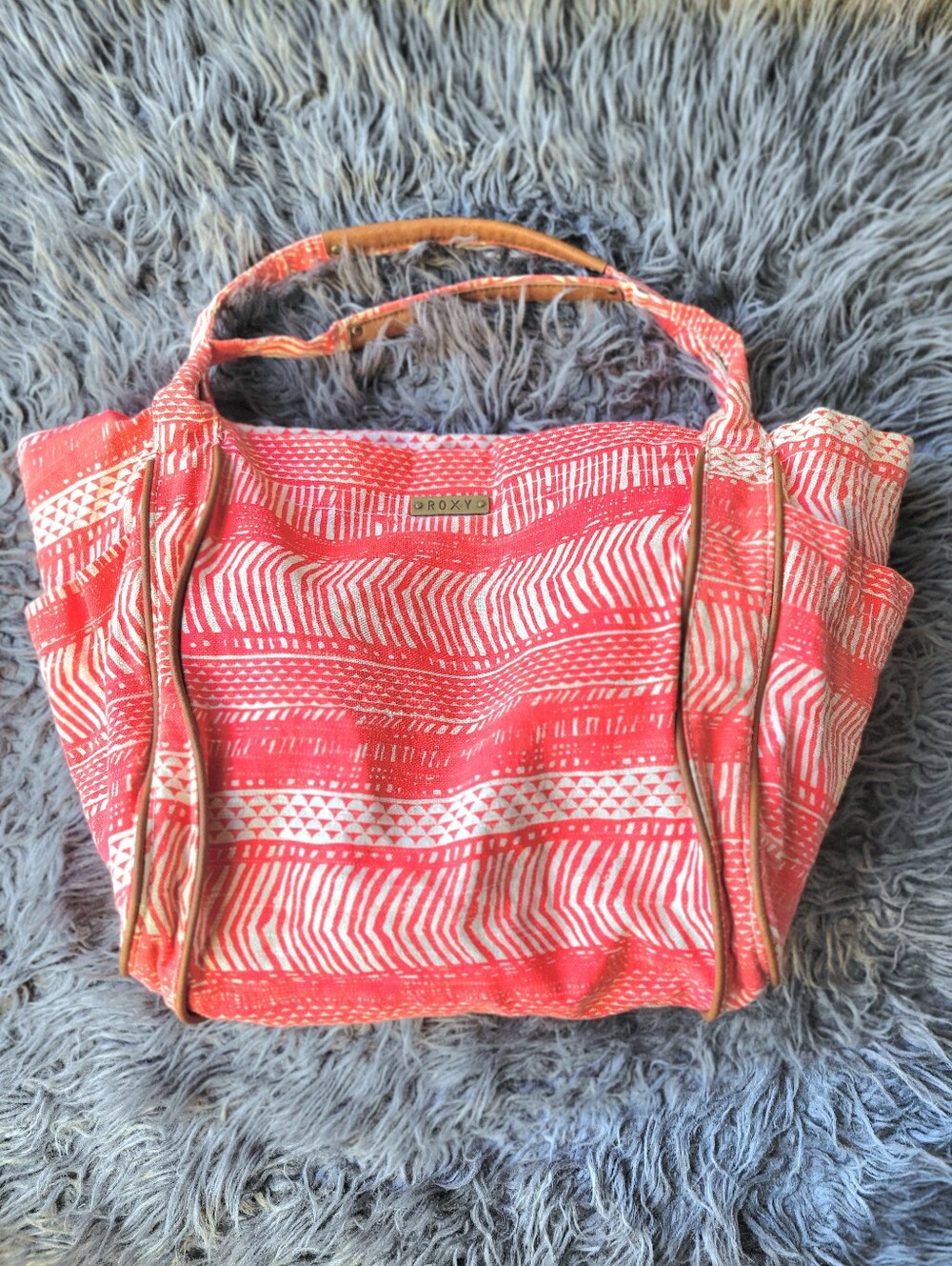Roxy Coral and White Striped Pattern Canvas Tote